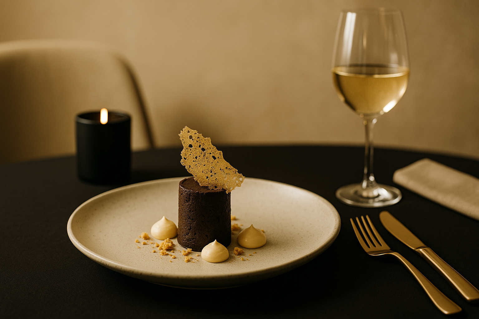 Dessert al piatto con pera cotta, cioccolato fondente e componenti croccanti.