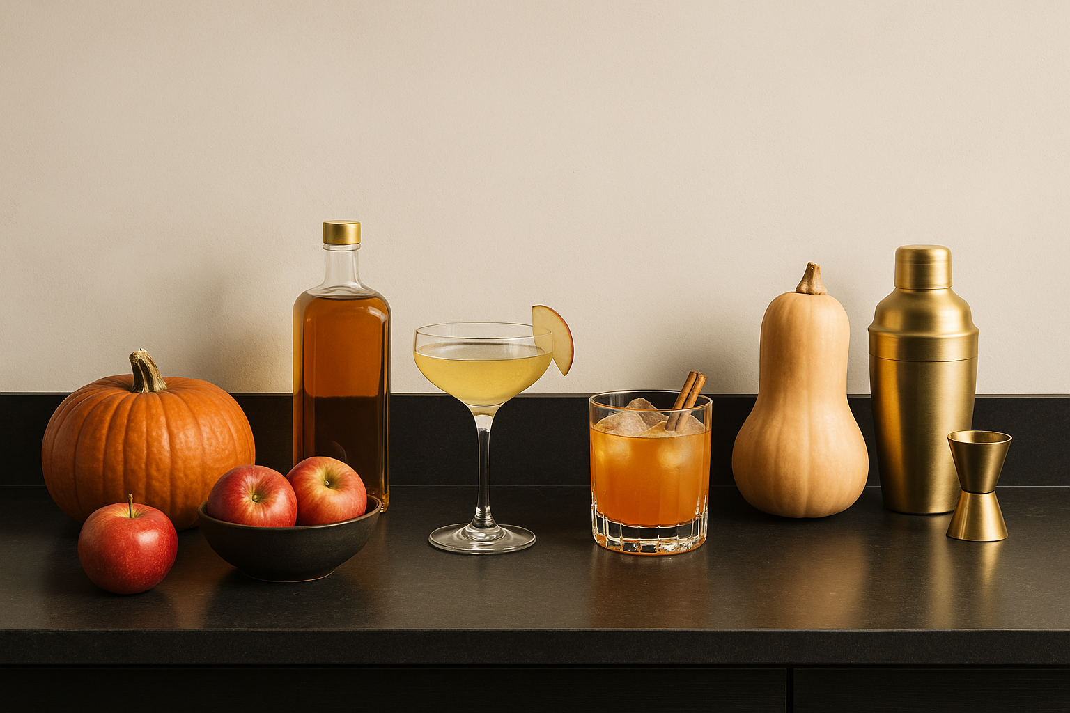 Frutta autunnale, zucca, nocciole ed erbe accanto a un cocktail su un bancone bar.