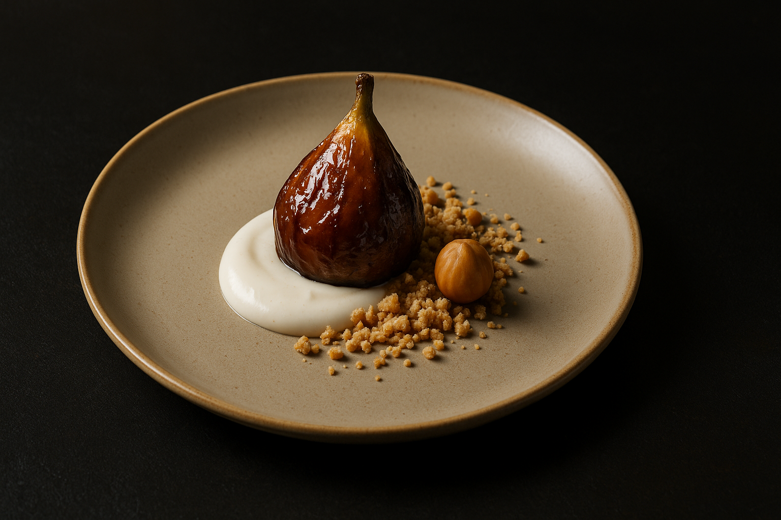 Dessert a base di fico caramellato, crema al kefir, crumble alla nocciola e miele
