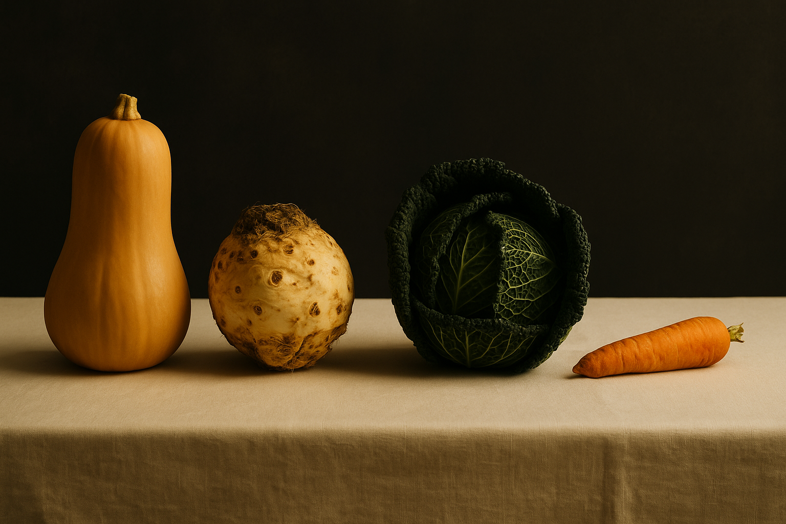Topinambur, pastinaca, sedano rapa e scorzonera accanto a un piatto di purea e chips vegetali.