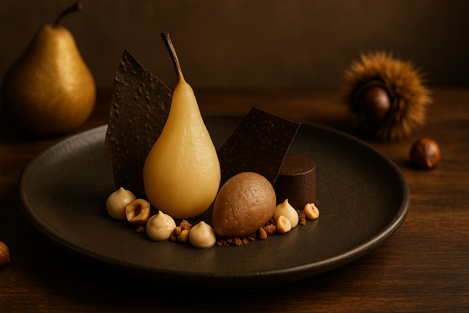 Dessert autunnale contemporaneo con pera, castagna, nocciola e cioccolato fondente.