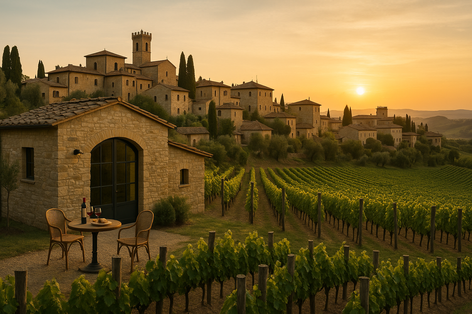 Borgo toscano di San Felice tra vigneti, al tramonto.