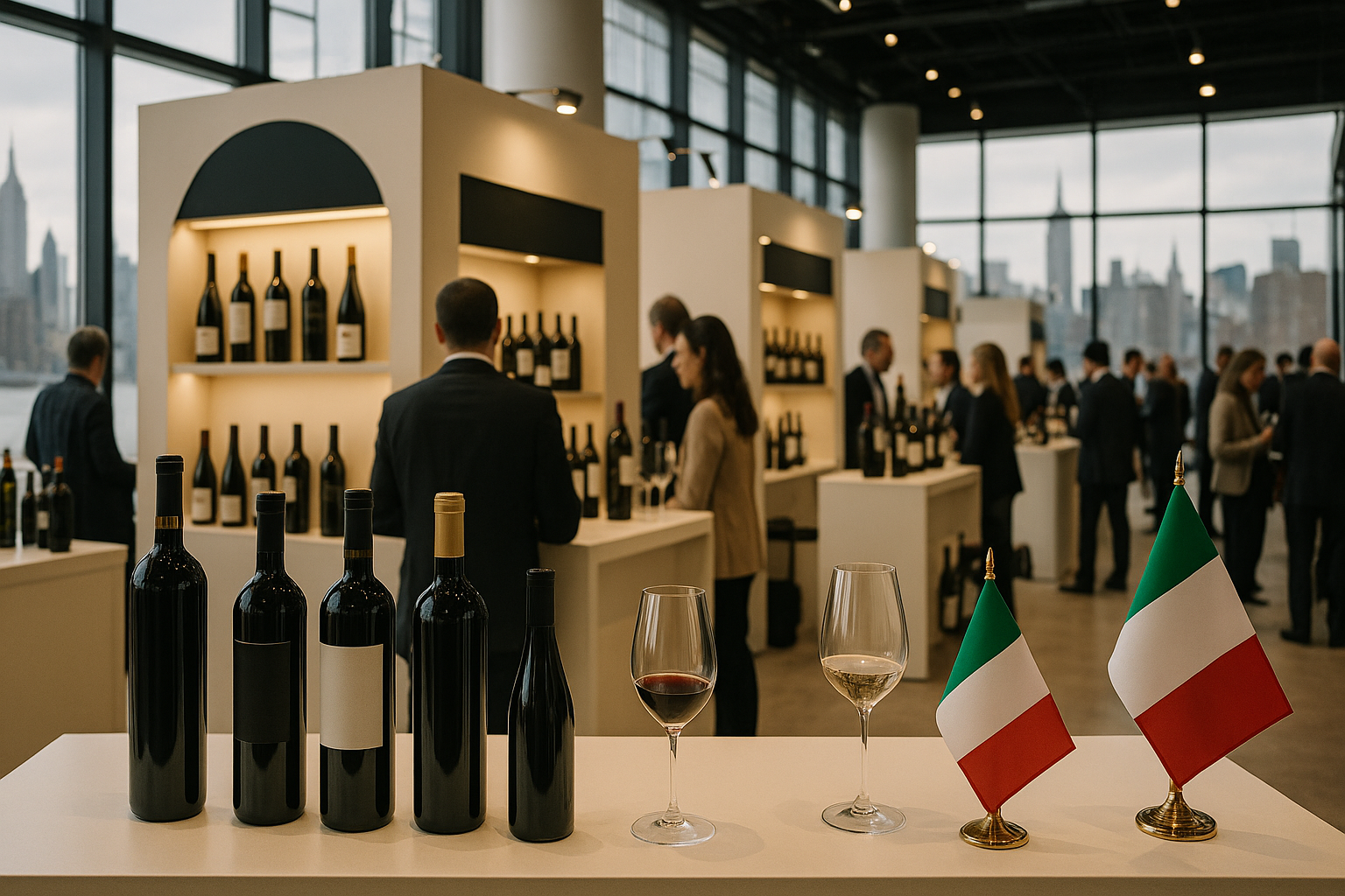 Panoramica degli stand di Vinitaly.USA in una location moderna a New York.