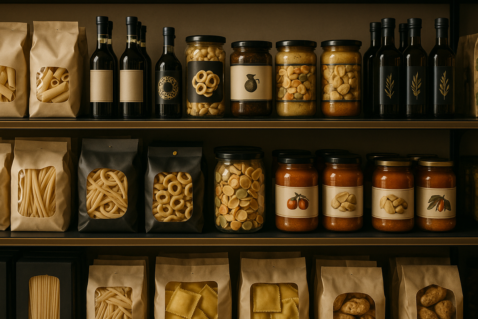 Scaffali di supermercato con prodotti confezionati ed etichette ben visibili.