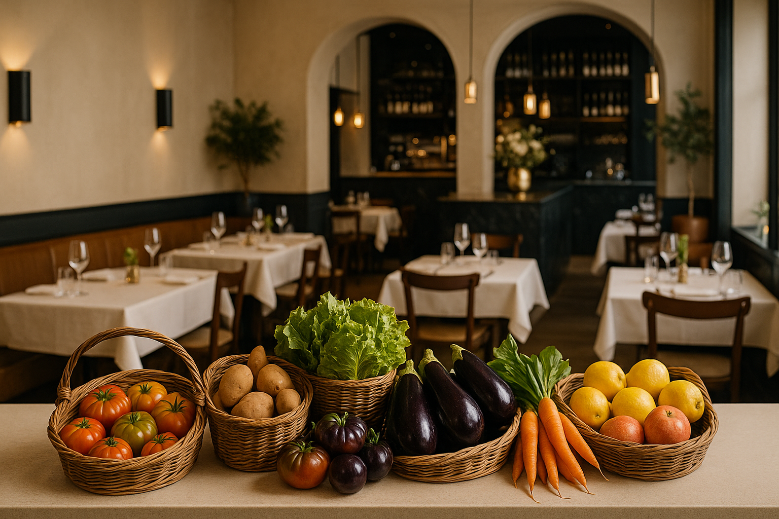 Banco di un ristorante italiano con ortaggi e frutta biologica di stagione