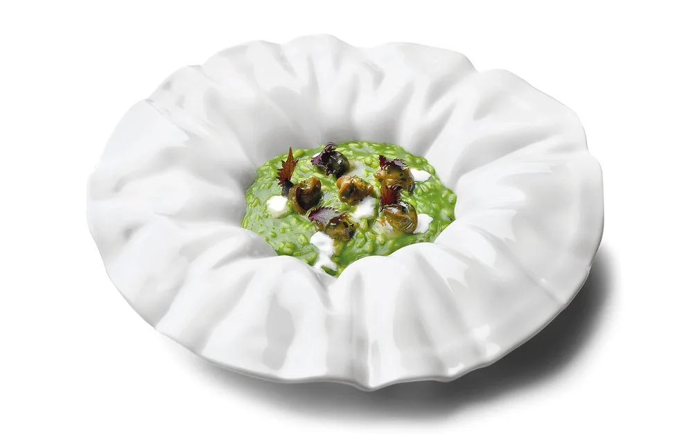 Risotto all’erbe, lumache e kefir, ricetta del ristorante Tosca del Castello di Casole (SI)