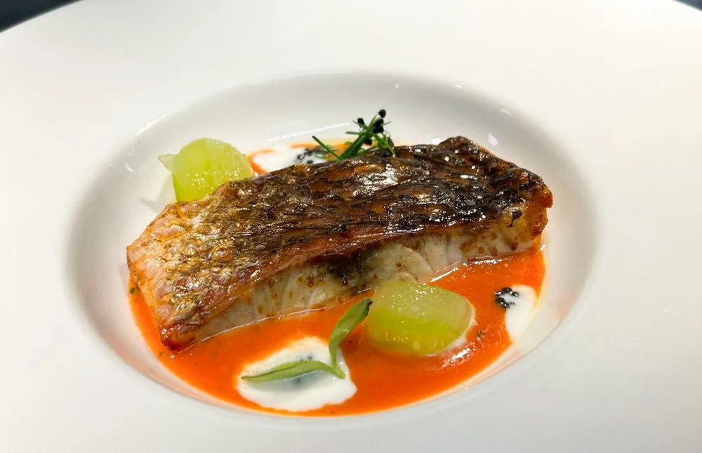 Ombrina corba rossa in cottura di gazpacho con cetriolo compresso e yogurt
