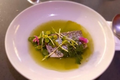 Ombrina in umido di piselli e coriandolo