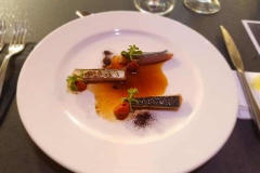 Sgombro quasi crudo, tamari di peperoni arrostiti e mentuccia