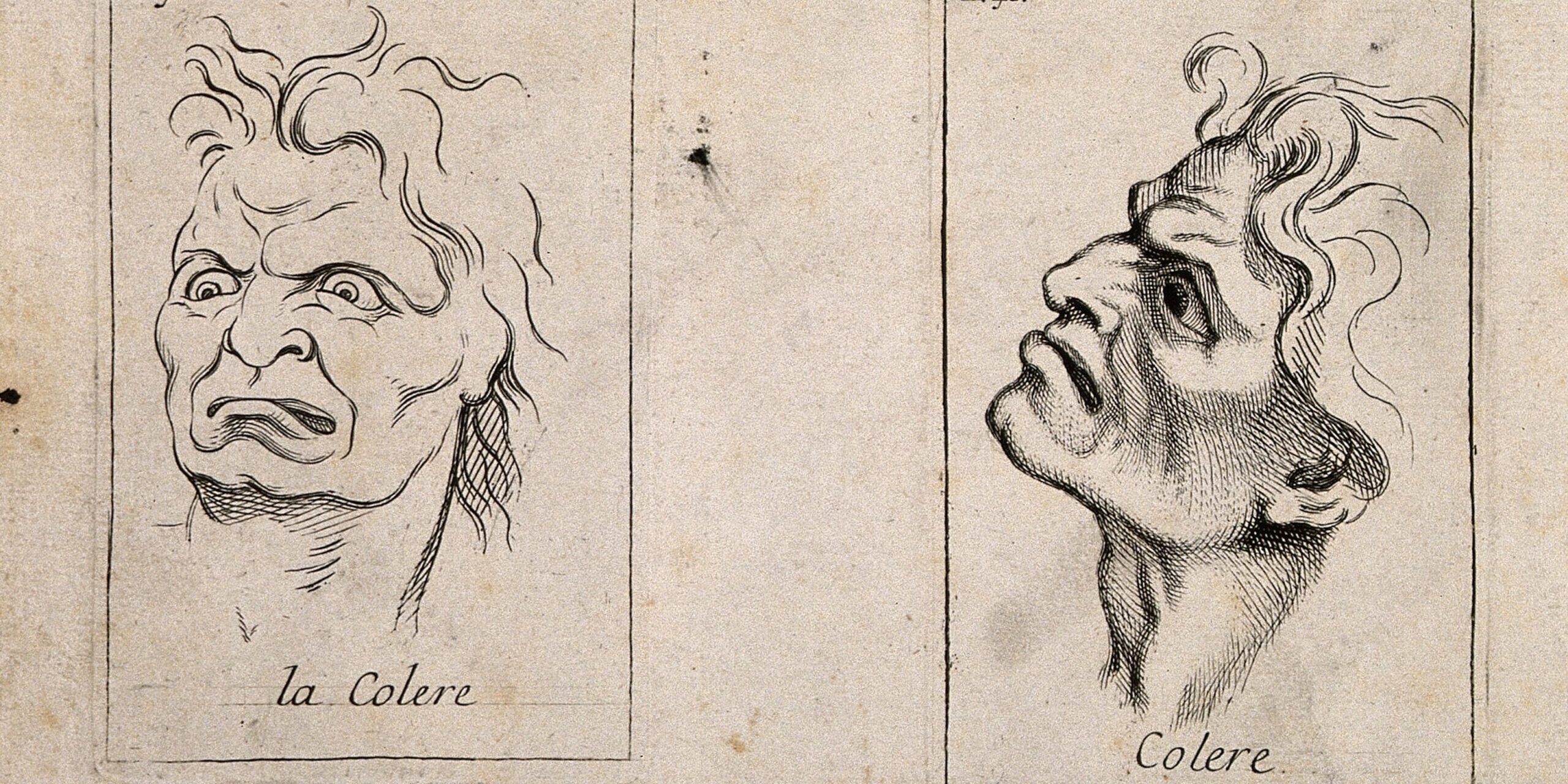 V0009398 A frontal outline and a profile of faces expressing anger. E