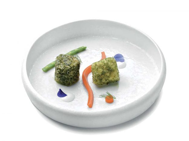 Rana pescatrice in crosta di menta e zenzero con carota e yogurt di bufala
