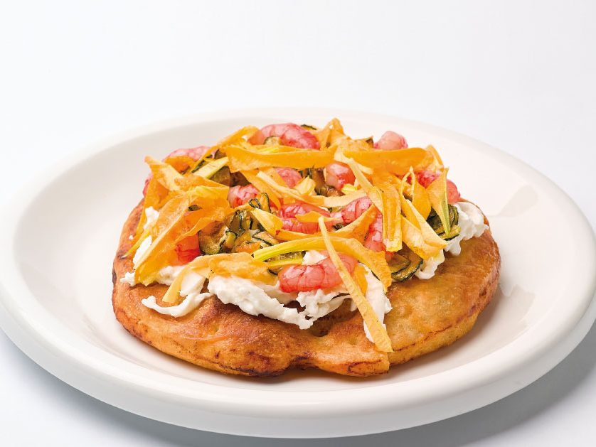 Focaccia con burrata, zucchine e gamberi rossi di chef Michele De Blasio