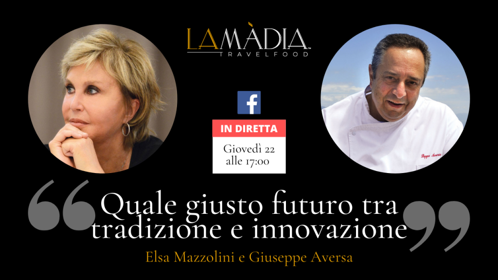 Locandina della Diretta Facebook: "Quale giusto futuro tra tradizione e innovazione" con Elsa Mazzolini e Giuseppe Aversa