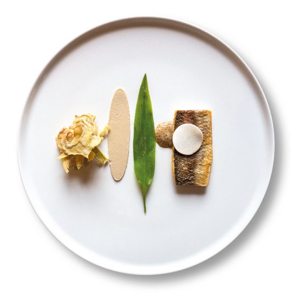 Lavarello del Gardesano alla plancia con funghi e la loro emulsione di sottobosco, carciofi spinosi fritti dello chef Perbellini