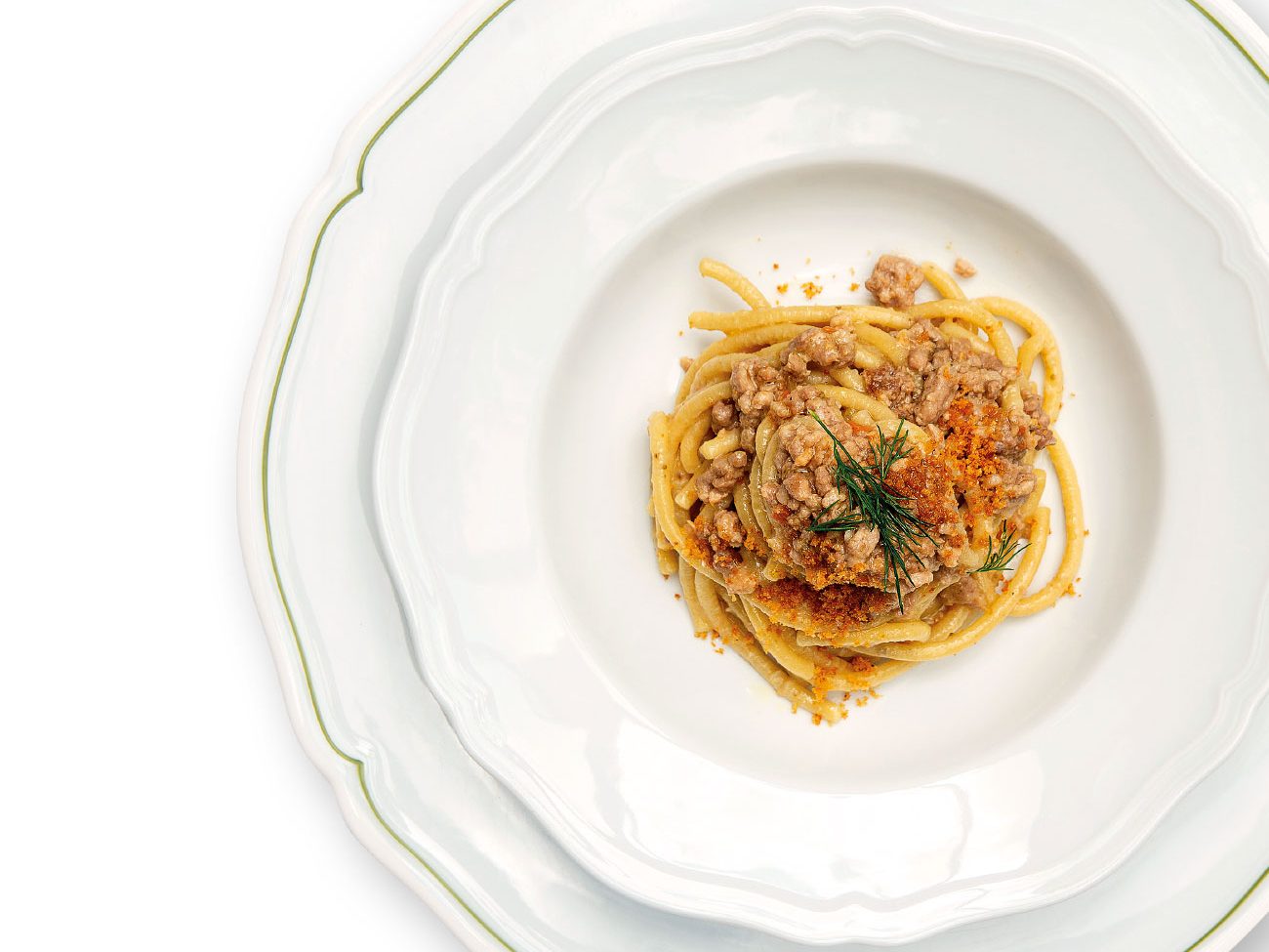 Pici trafilati in bronzo al Finocchietto Selvatico, ragù di cinta senese e pane piccante e croccante di Maria Probst e Cristian Santandrea per il ristorante Torre a Cona