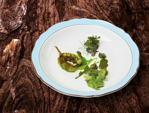 Codine di rana pescatrice gratinate alle erbe con lumache alla Bourguignonne di alghe e misticanza