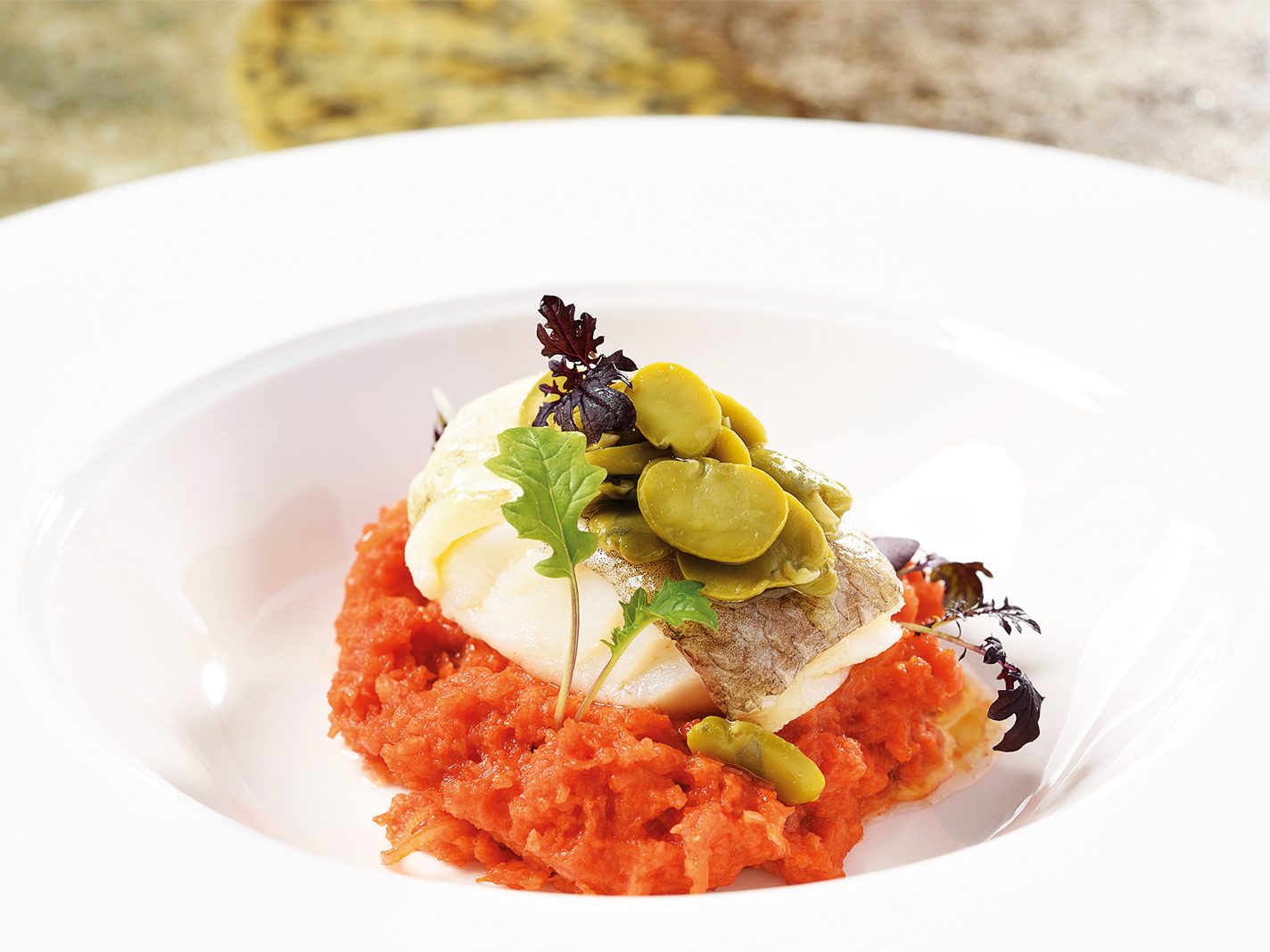 Baccalà in oliocottura su pancotto di pomodoro nero e fave in conserva