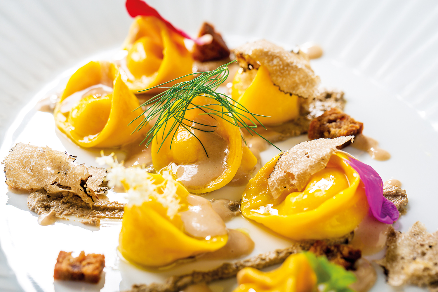 Tortelli di pecorino con patè di fegatini, castagnaccio e tartufo