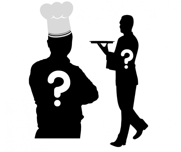 Lavoro sostenibile nel settore della ristorazione, silhouette di chef e cameriere con punto interrogativo