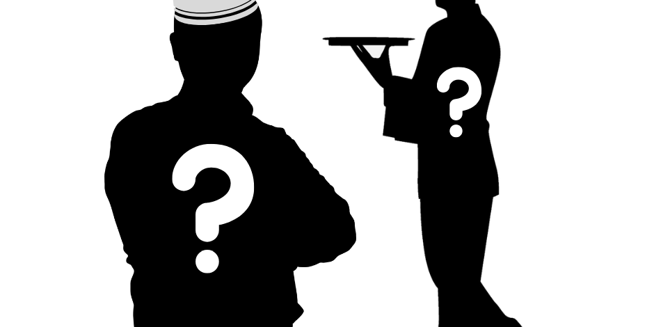 Lavoro sostenibile nel settore della ristorazione, silhouette di chef e cameriere con punto interrogativo