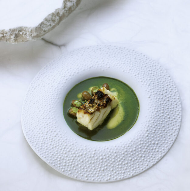 Cernia alla griglia con salsa di pesce allo zafferano e purea di ortica