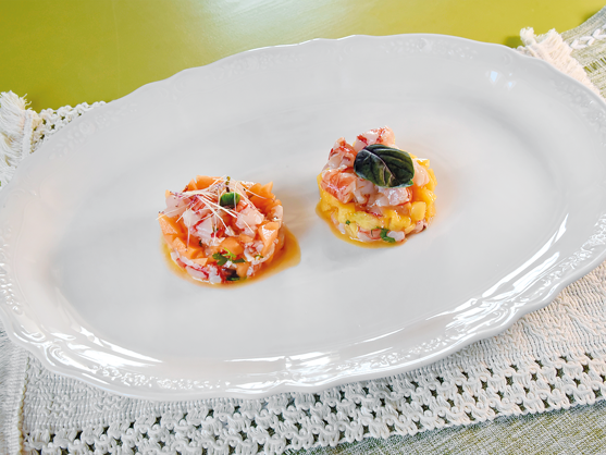 Tartara di gambero rosso profumata alla pesca e melone