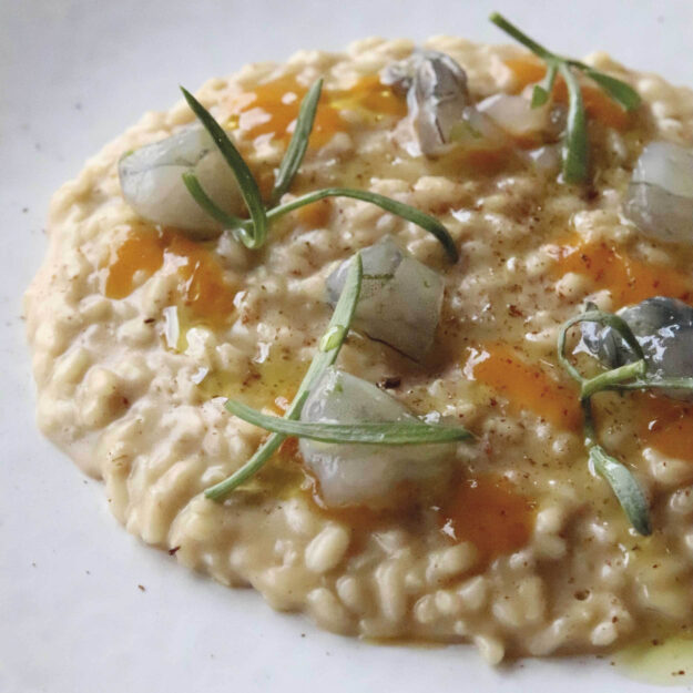 Risotto con mazzancolle, nocciola e albicocca