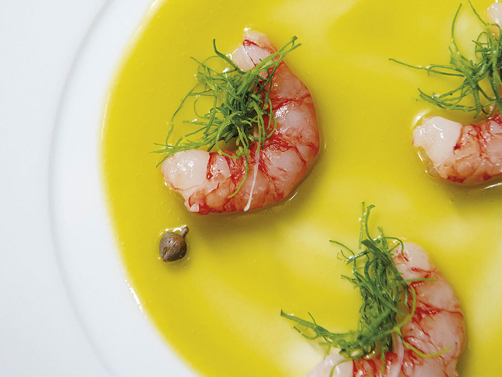 Gamberi rossi crudi, emulsione di miele, olio e limone