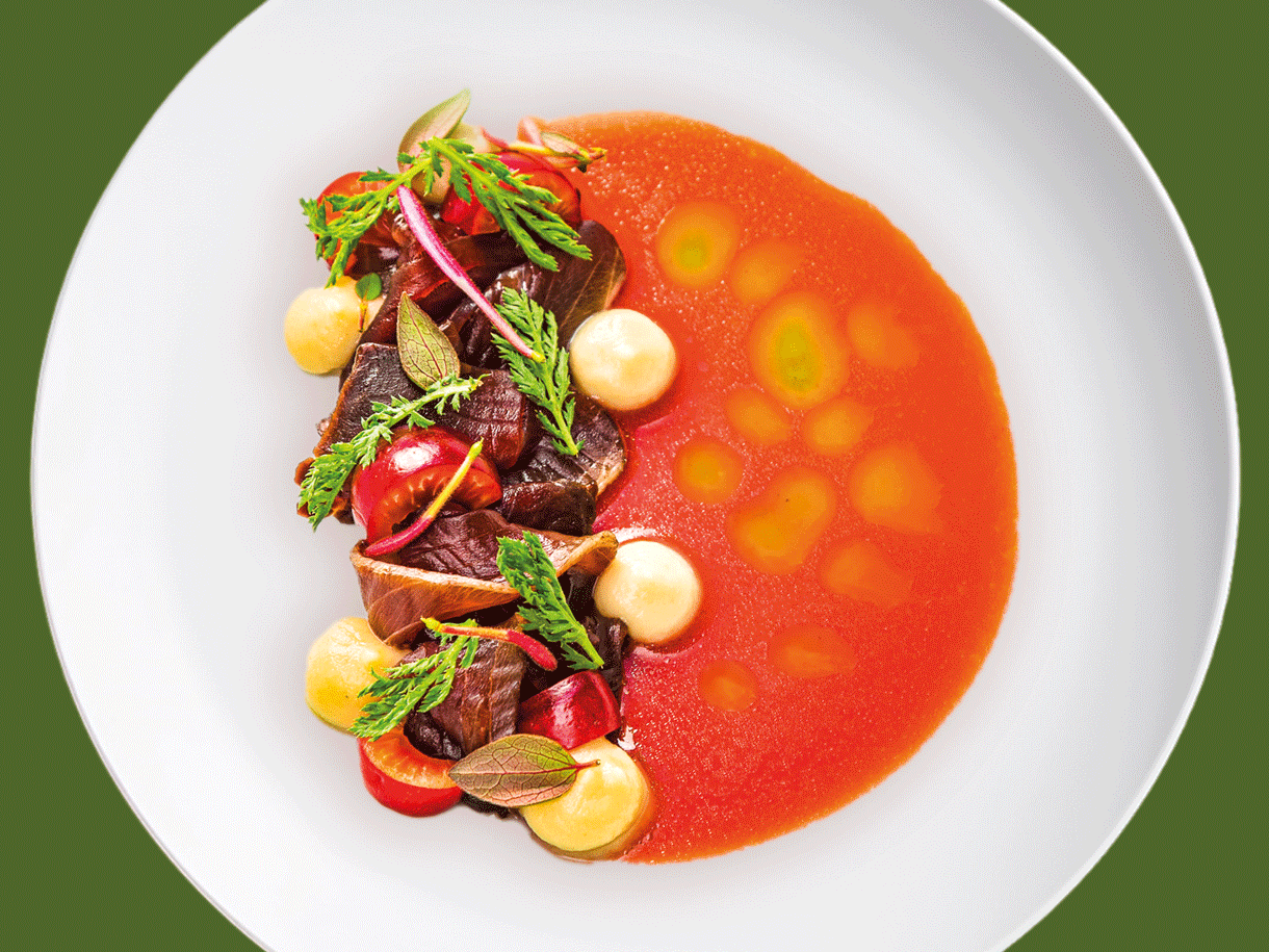 Tonno, topinambur e gazpacho di ciliegie