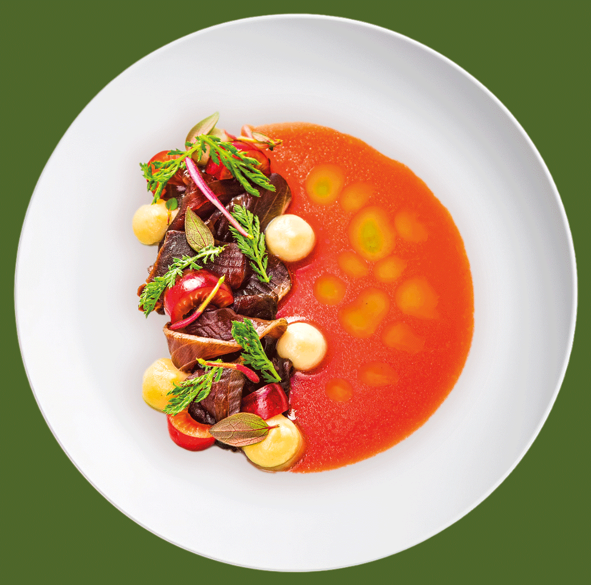 Tonno, topinambur e gazpacho di ciliegie