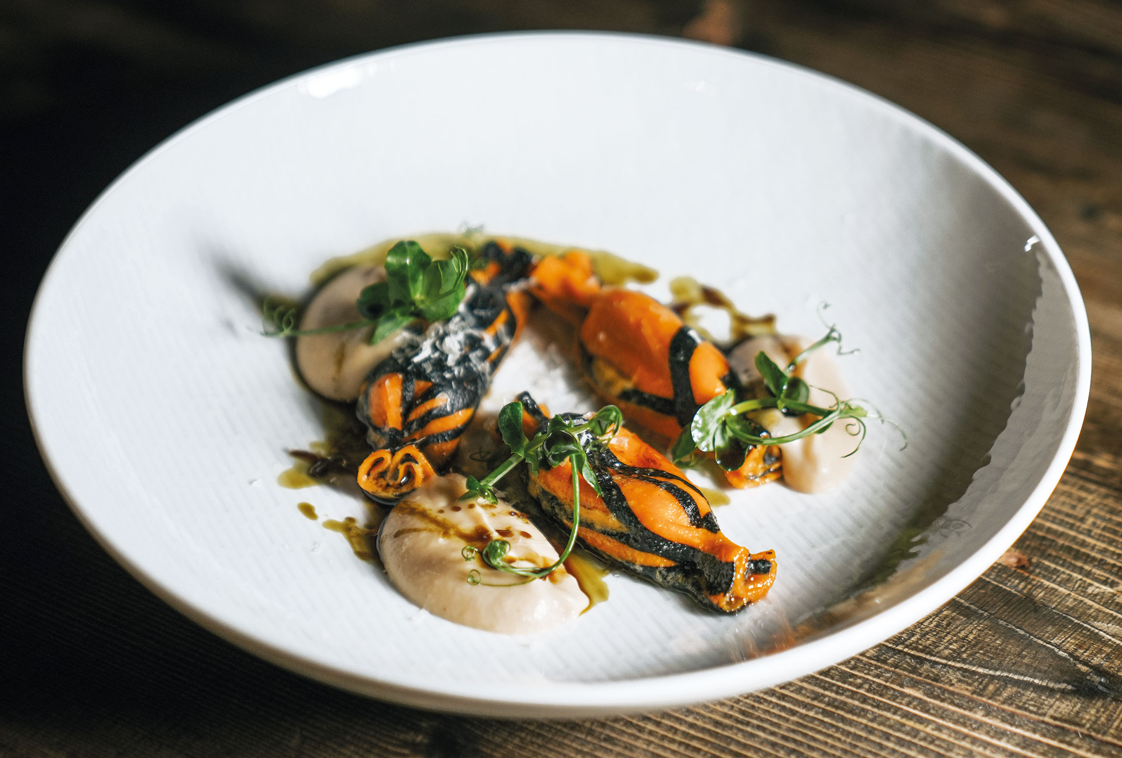 Praline di pasta fresca ripiene di guancia di manzo brasata, adagiate su una vellutata di pastinaca