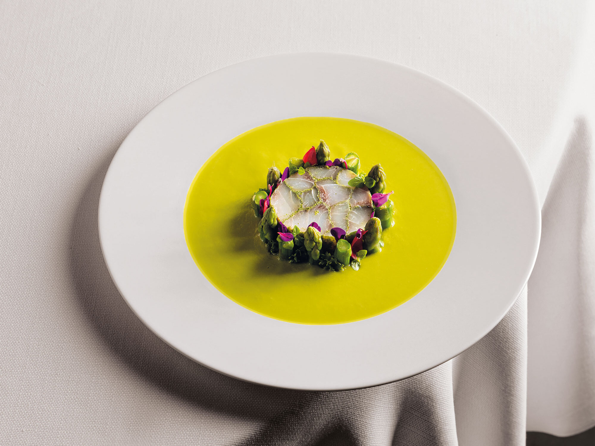 Mosaico di ombrina con declinazioni di asparagi