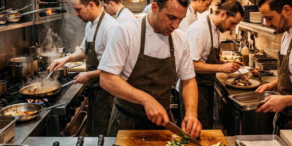 chefs-aprons-prepare-food-with-precision-bustling-professional-kitchen-service La fame di arrivare.